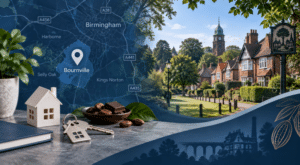 Mortgage Broker in Bournville location map with Bournville pin, leafy period homes, house keys and subtle chocolate heritage details.