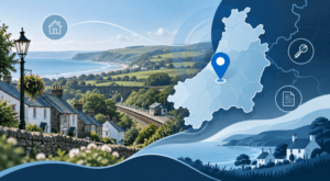 Mortgage Broker in Bow Street with Ceredigion map pin, local homes and coastal Welsh landscape