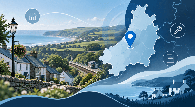 Mortgage Broker in Bow Street with Ceredigion map pin, local homes and coastal Welsh landscape