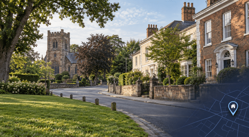 Mortgage Broker in Bowdon, illustrated by traditional homes, a sandstone church and a blue location pin with map detail.