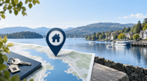 : Mortgage Broker in Bowness-on-Windermere location map with house pin overlooking Lake Windermere.