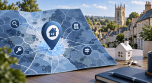 Mortgage Broker in Brackley location map with property, key and home search icons representing local mortgage advice.