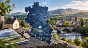 Mortgage Broker in Brecon hero image showing a stylised Powys location map, Brecon townscape, stone bridge, rolling hills, and home-buying icons.