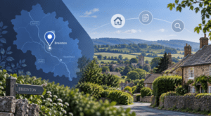 Mortgage Broker in Breinton location map with Herefordshire countryside, village homes and property search icons.