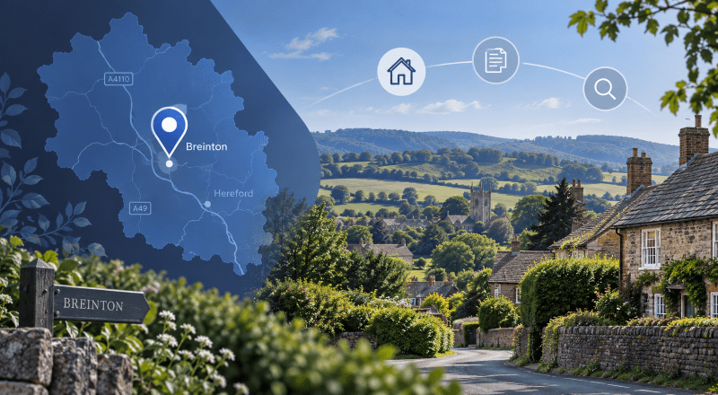 Mortgage Broker in Breinton location map with Herefordshire countryside, village homes and property search icons.