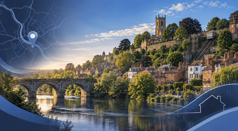 Mortgage Broker in Bridgnorth with River Severn, historic townscape, location pin and property icon.