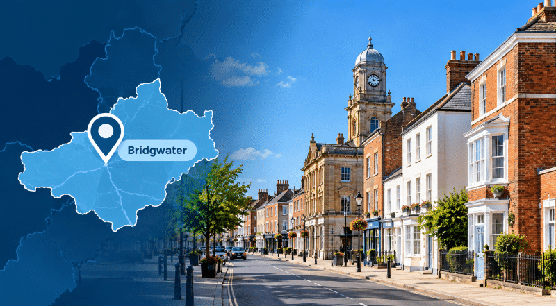 Mortgage Broker in Bridgwater hero image showing a local street scene with mixed property styles, a recognisable Bridgwater landmark, and a map pin highlighting Bridgwater in Somerset.