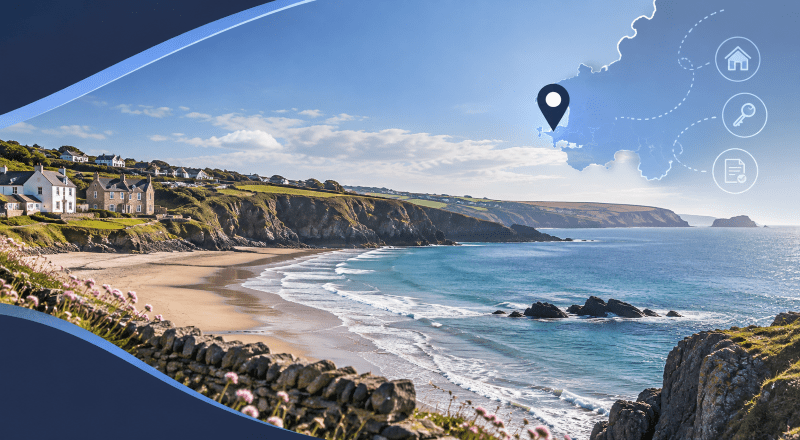 Mortgage Broker in Broad Haven with Pembrokeshire coastal scenery, location map pin and home finance icons.
