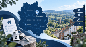 Mortgage Broker in Bromyard location map highlighting Bromyard in Herefordshire with home, key and mortgage search icons.