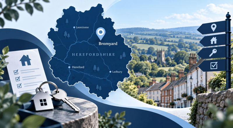 Mortgage Broker in Bromyard location map highlighting Bromyard in Herefordshire with home, key and mortgage search icons.
