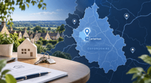 Mortgage Broker in Burford location map with Oxfordshire property and home-buying icons.