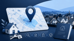 Mortgage Broker in Burgess Hill location map with property, key, search and mortgage document icons.