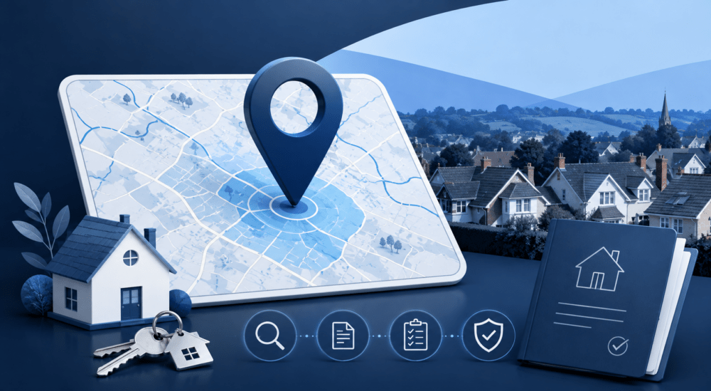 Mortgage Broker in Burgess Hill location map with property, key, search and mortgage document icons.