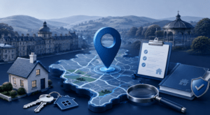 Mortgage Broker in Buxton location map with property and mortgage search icons in blue branding