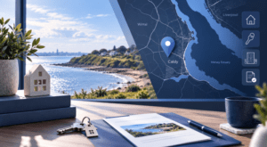 Mortgage Broker in Caldy, Merseyside, with local map pin, coastal property setting, house keys and mortgage document icons.