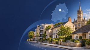 Mortgage Broker in Calne hero image showing a Wiltshire location map, Calne marker and varied local housing.