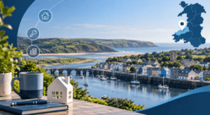 Mortgage Broker in Cardigan hero image showing Cardigan harbour, the Ceredigion coastline, a location map icon of Wales, and property-themed finance icons in Connect Experts blue branding.