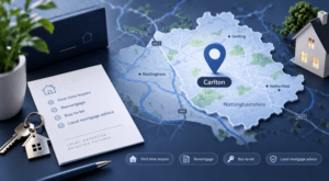 Mortgage Broker in Carlton – local Nottinghamshire map with location pin, house keys and mortgage advice icons.