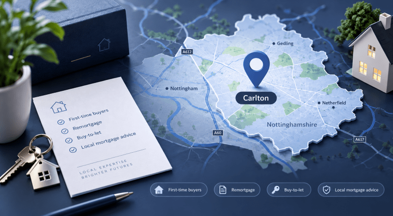 Mortgage Broker in Carlton – local Nottinghamshire map with location pin, house keys and mortgage advice icons.