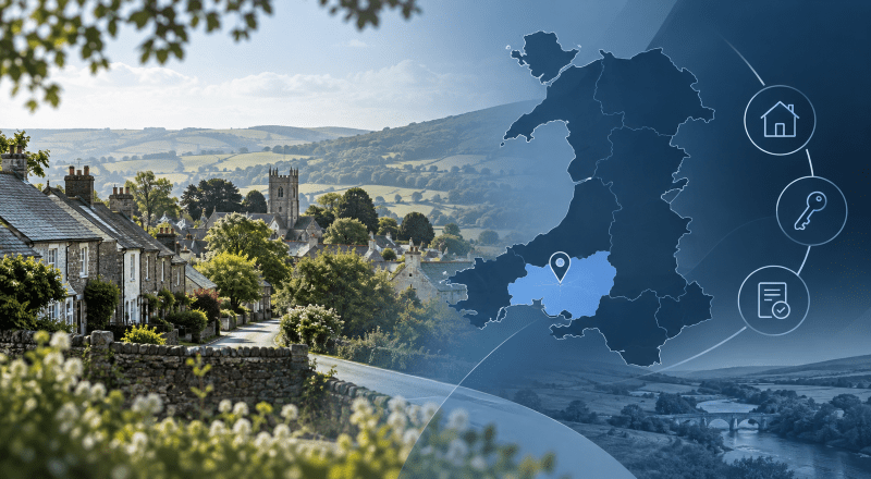 Mortgage Broker in Carmarthen location map with Welsh countryside homes and mortgage icons.