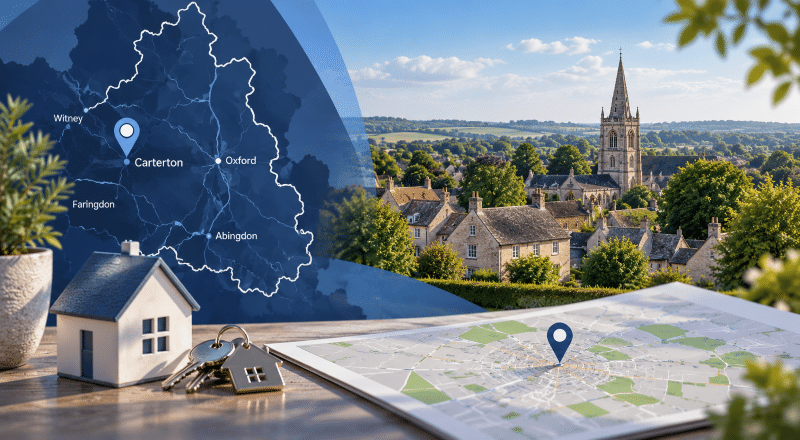 Mortgage Broker in Carterton hero image showing a Carterton location map in Oxfordshire, a village skyline, house keys, a model home and a map pin.