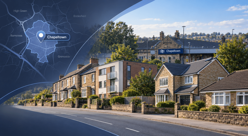 Mortgage Broker in Chapeltown with location map, pin and South Yorkshire residential streetscape