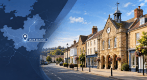Mortgage Broker in Chard location map with Chard, Somerset street scene and traditional local architecture.
