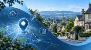 Mortgage Broker in Charlton Kings – location map with property, key and mortgage document icons alongside a Gloucestershire residential streetscape.