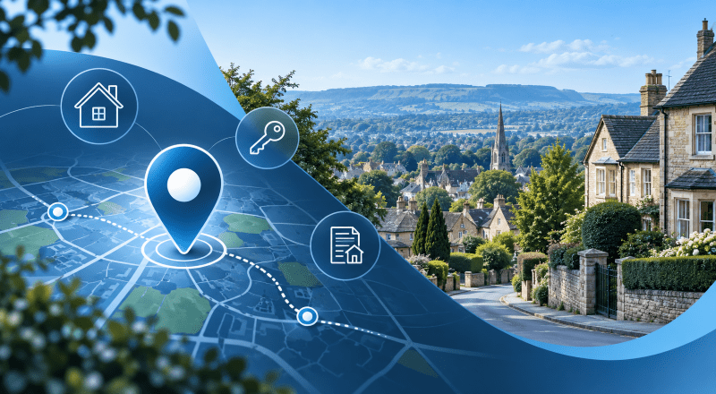 Mortgage Broker in Charlton Kings – location map with property, key and mortgage document icons alongside a Gloucestershire residential streetscape.