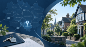 Mortgage Broker in Cheadle location map with Greater Manchester roads, homes and property keys