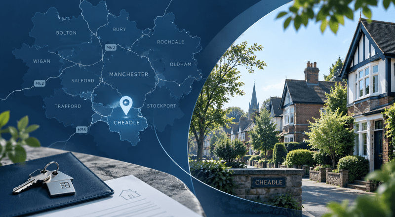 Mortgage Broker in Cheadle location map with Greater Manchester roads, homes and property keys