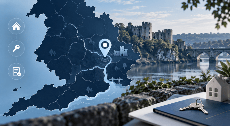 Mortgage Broker in Chepstow location map with Chepstow Castle, River Wye, property key and home icons in Connect Experts blue branding.