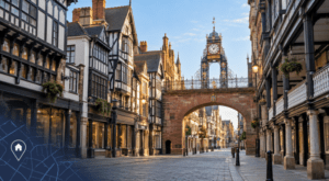 Mortgage Broker in Chester, illustrated by the Eastgate Clock, historic buildings and a location pin over blue map detail.