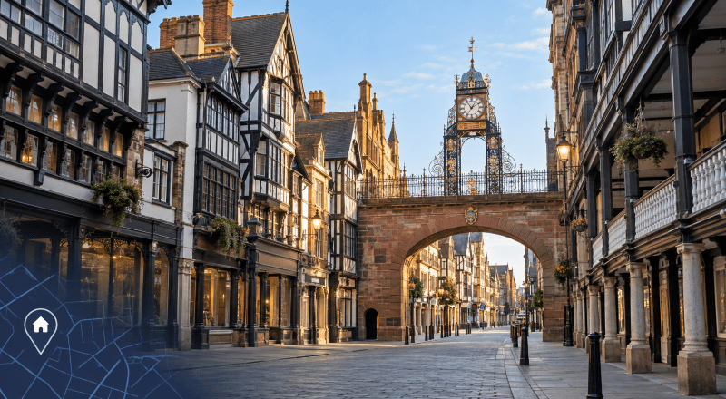 Mortgage Broker in Chester, illustrated by the Eastgate Clock, historic buildings and a location pin over blue map detail.