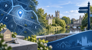 Mortgage Broker in Chesterton, Cambridgeshire – local property map with location pin, house key and mortgage icons.
