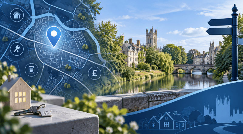 Mortgage Broker in Chesterton, Cambridgeshire – local property map with location pin, house key and mortgage icons.