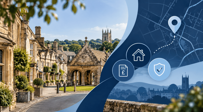 Mortgage Broker in Chipping Campden – Cotswolds townscape with location map pin and mortgage property icons.