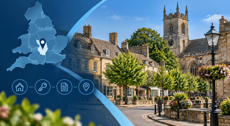 Mortgage Broker in Chipping Norton location graphic featuring an Oxfordshire map pin and Cotswold-style town architecture.