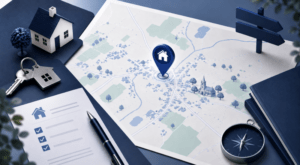 Mortgage Broker in Church Brampton location map with house pin, property keys and mortgage search icons.