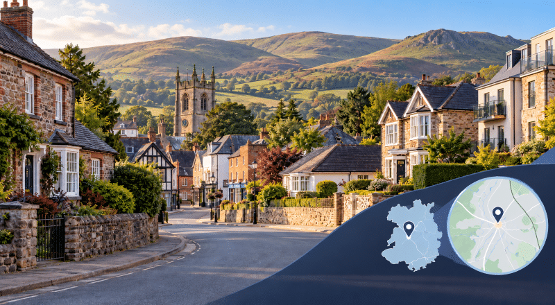Mortgage Broker in Church Stretton with local Shropshire homes, St Laurence’s Church, Long Mynd hills and location map.