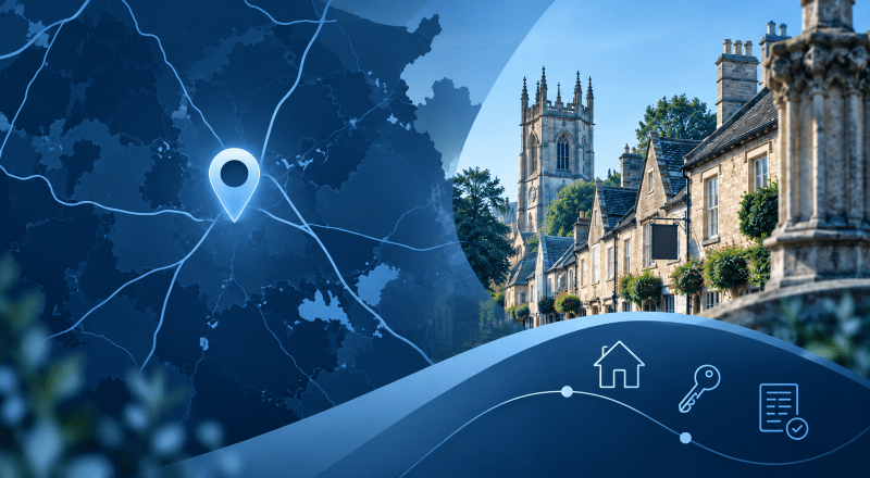 Mortgage Broker in Cirencester location map with Cotswold stone architecture and property icons in Connect Experts blue branding.