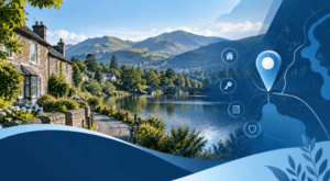 Mortgage Broker in Clappersgate location map with Lake District-inspired homes, water and surrounding fells