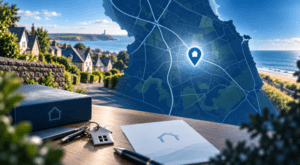 Mortgage Broker in Cleadon – local property map with location pin, coastal homes and house key imagery.