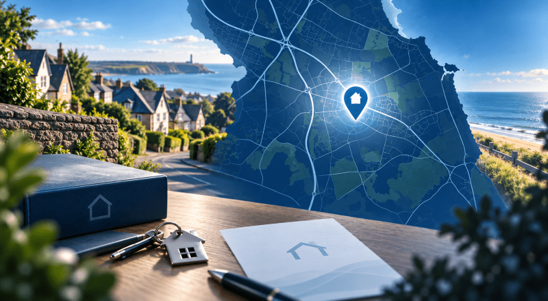Mortgage Broker in Cleadon – local property map with location pin, coastal homes and house key imagery.