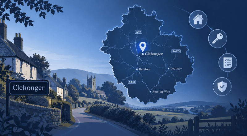 Mortgage Broker in Clehonger location map highlighting Clehonger in Herefordshire with rural homes, countryside and mortgage-related icons.