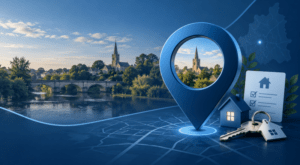 Mortgage Broker in Clifton location map with property, house key and mortgage document icons in Connect Experts blue branding.