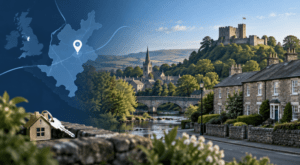 Mortgage Broker in Clitheroe with Lancashire map pin, Clitheroe Castle, Ribble Valley countryside and local stone homes.