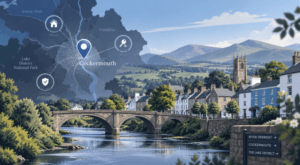 Mortgage Broker in Cockermouth with Cumbria map pin, river bridge, homes and Lake District countryside