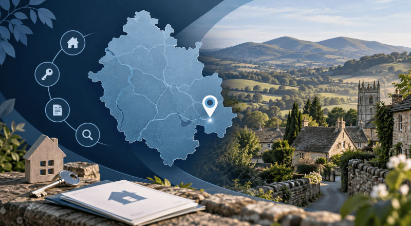 Mortgage Broker in Colwall Stone, Herefordshire, with location map pin, rural village homes, Malvern Hills-inspired countryside and mortgage property icons.
