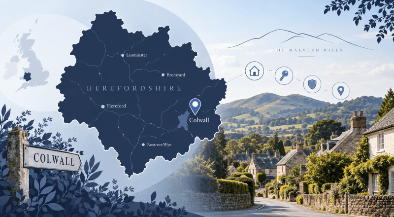 Mortgage Broker in Colwall location map showing Colwall in Herefordshire, the Malvern Hills and local property icons.